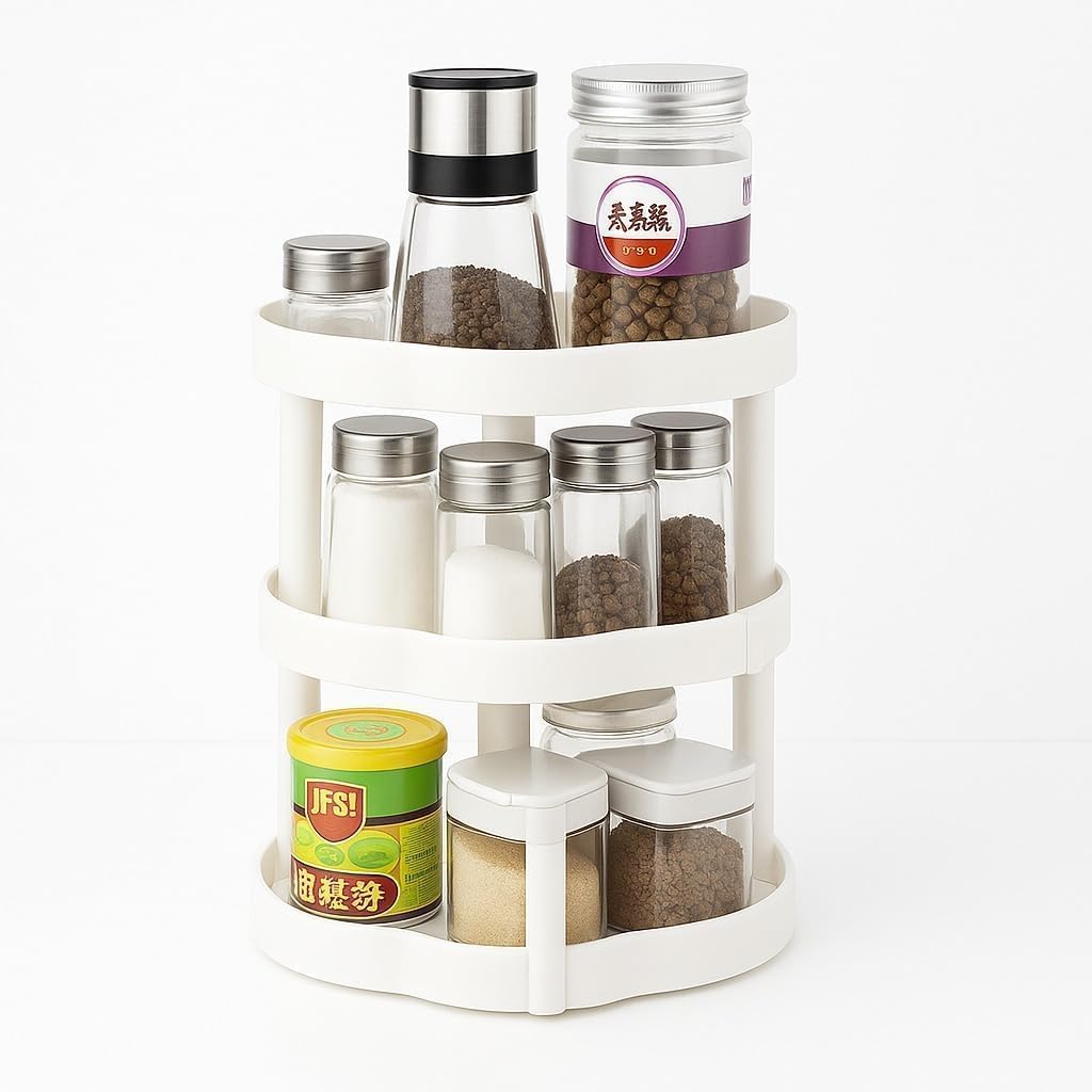 Spice Rack Organizer, 3-Tier 360° Rotating Lazy Susan Turntable, Space-Saving Plastic Storage Holder for Kitchen Countertop, Cabinet, Pantry, Fridge and Bathroom, White - image 1