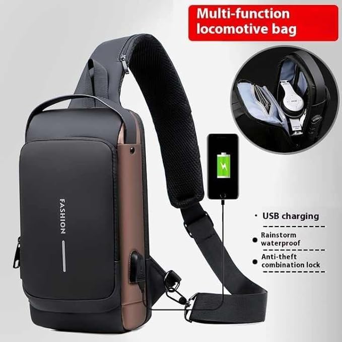 Crossbody Sling Backpack Anti-Theft with USB Charging Port and Password Lock, Waterproof Chest Shoulder Waist Bag for Men Women, Travel Gym (Black Brown) - image 3