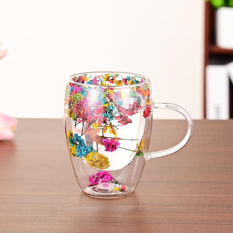 Coffee Mug 350ml, Double Wall Borosilicate Glass Cup with Handle and Dried Flower Decoration for Tea, Cappuccino, Espresso, Juice, Hot and Cold Drinks, Home and Office - image 7