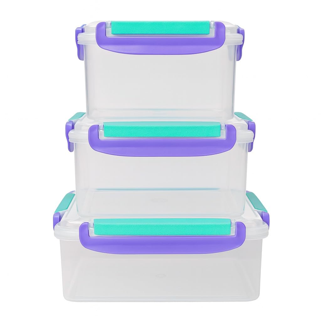 Food Storage Containers Set 3 Pcs, Square Plastic Fridge Boxes with Airtight Lids, Leakproof, Microwave and Dishwasher Safe, Stackable, Easy Clean, Purple - image 1