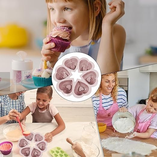 Silicone Muffin Pan - Heart Mold 6 Cups, Non-Stick Baking Tray with Handles, BPA Free, Oven Safe & Reusable for Cup cakes, Muffins, Brownies and Parties (Pink) - image 4