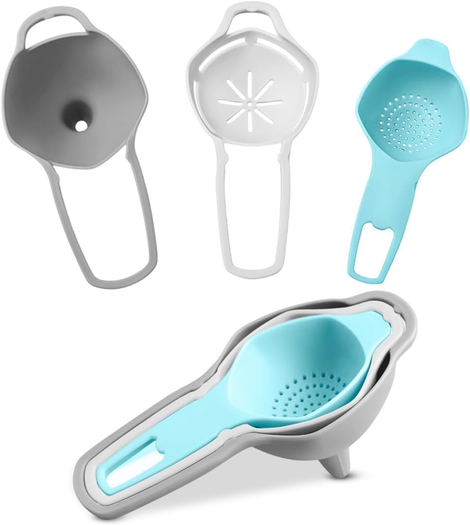 Egg Separator Set 3 Pieces, Plastic Egg Yolk and White Divider with Strainer and Funnel, Hand-Wash Kitchen Tools for Baking and Cooking (Blue, White, Grey) - image 1