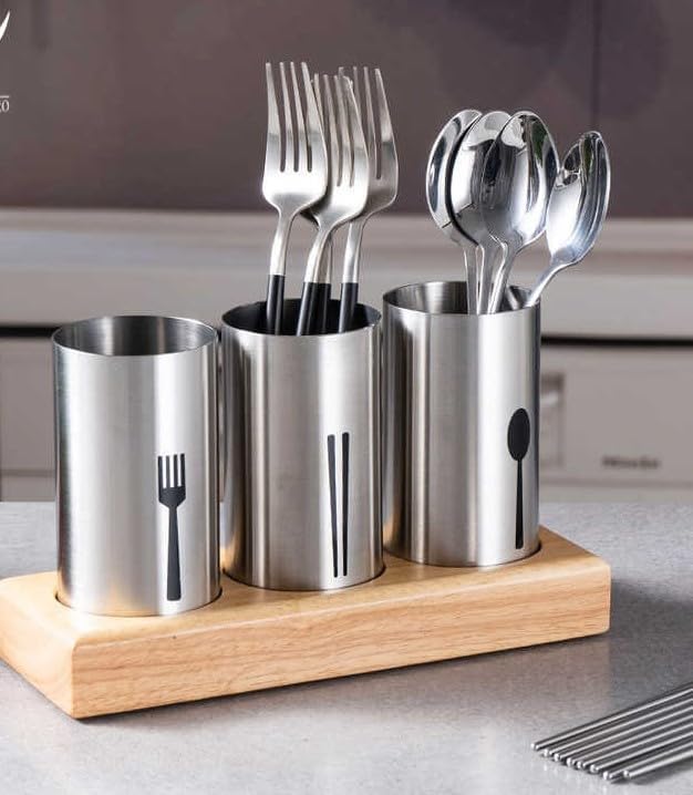 Cutlery Holder, Stainless Steel Utensil Organizer with Bamboo Base, Flatware Caddy for Forks, Knives and Spoons, Kitchen Counter and Dining Table - image 5