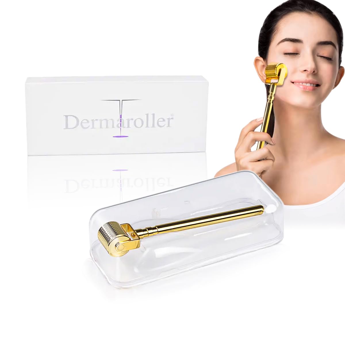 Derma Roller 0.75mm, Microneedling Roller with 540 Titanium Needles and Metal Handle, Handheld Cosmetic Skincare Tool for Face, Gold - image 1
