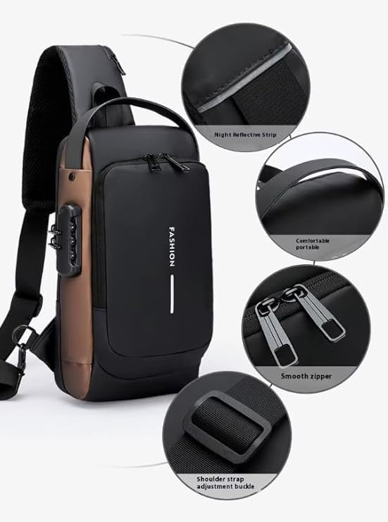 Crossbody Sling Backpack Anti-Theft with USB Charging Port and Password Lock, Waterproof Chest Shoulder Waist Bag for Men Women, Travel Gym (Black Brown) - image 4