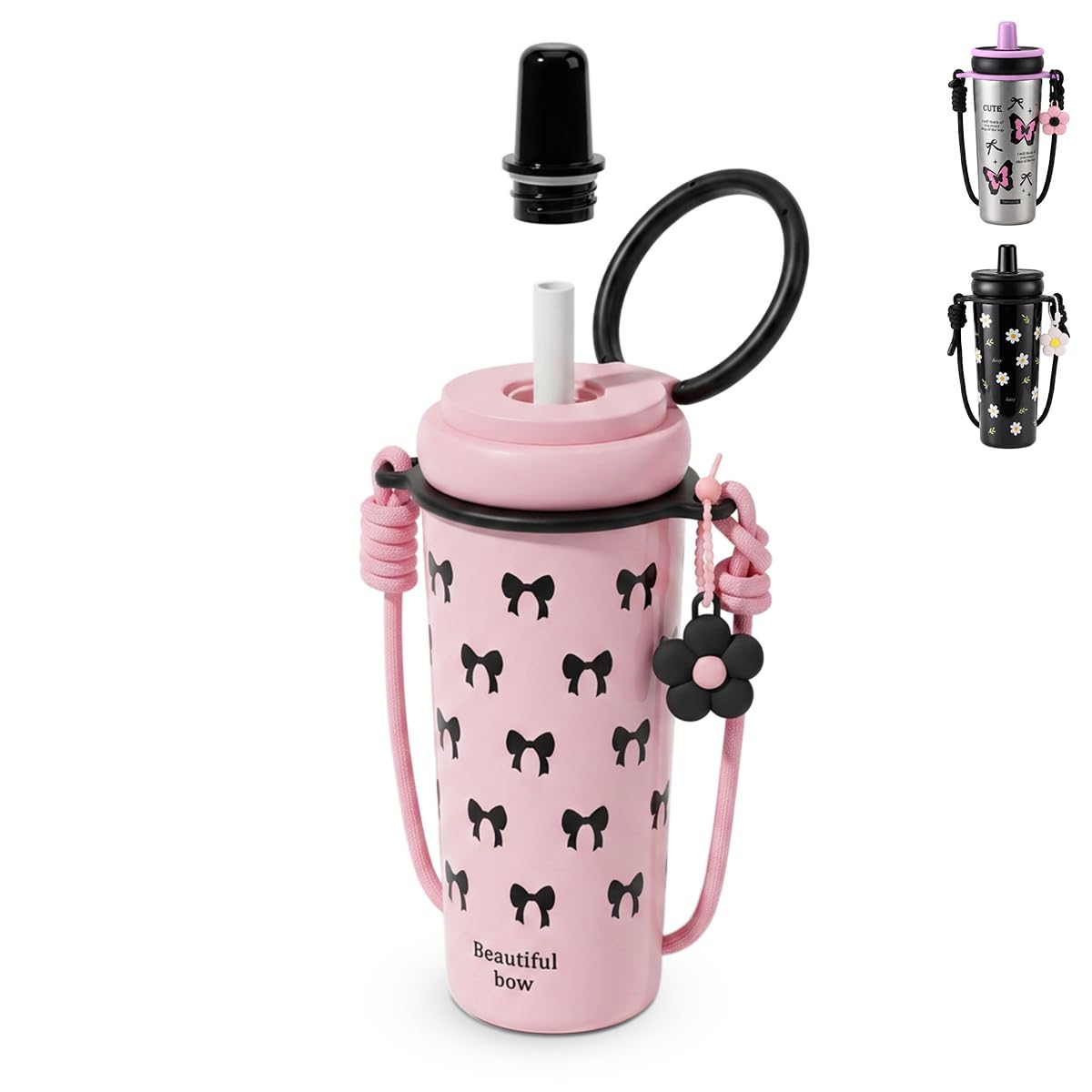 Travel Mug 720ml, Stainless Steel Vacuum Insulated Tumbler with Straw Lid, Carry Handle, Adjustable Shoulder Strap, Removable Filter and Leakproof BPA-Free Design, F-1547 (Pink) - image 1