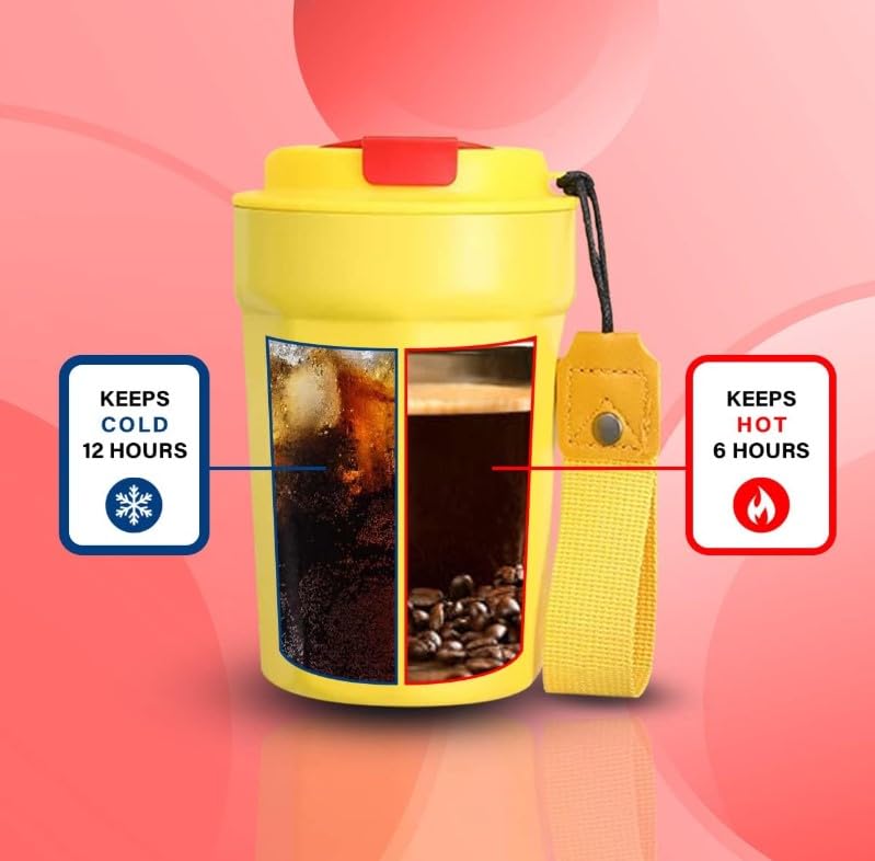 Travel Mug 380 ml, 304 Stainless Steel Vacuum Insulated Coffee Cup with Leak-Proof Lid, Reusable Tumbler for Hot and Cold Drinks, Office, Car, Travel and Outdoor, Yellow - image 4
