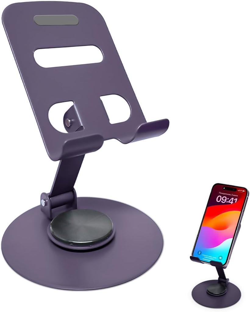 Phone Stand, Adjustable 360° Rotating Foldable Metal Desk Holder with Secure Grip, Portable Universal Mobile Stand for Smartphones and Tablets, S-355 (Purple) - image 1