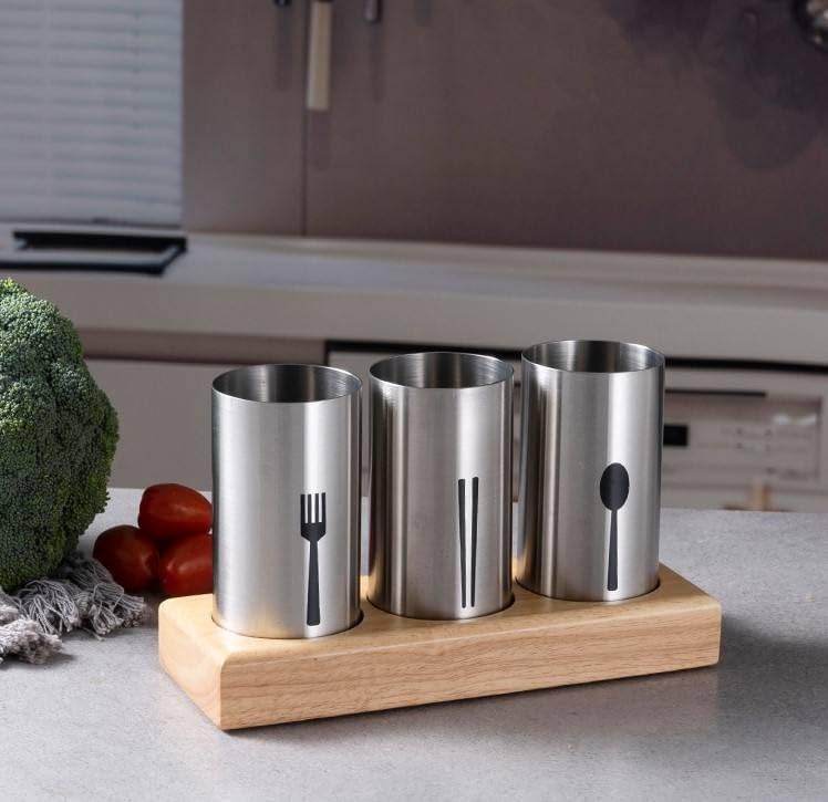 Cutlery Holder, Stainless Steel Utensil Organizer with Bamboo Base, Flatware Caddy for Forks, Knives and Spoons, Kitchen Counter and Dining Table - image 6