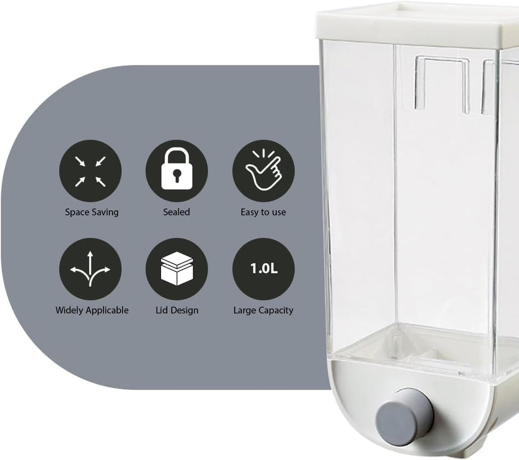 Cereal Dispenser Wall Mounted Rice Container, Airtight Grain Storage, Portion Control, Double Outlet, 1 L, One-Touch Serving Kitchen Organizer (3 PCS) - image 2