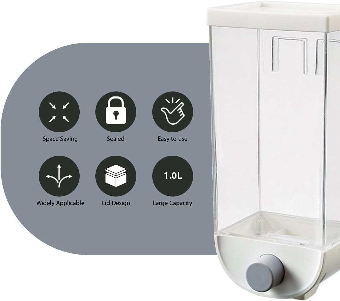 Cereal Dispenser Wall Mounted Rice Container, Airtight Grain Storage, Portion Control, Double Outlet, 1 L, One-Touch Serving Kitchen Organizer (3 PCS) - image 2