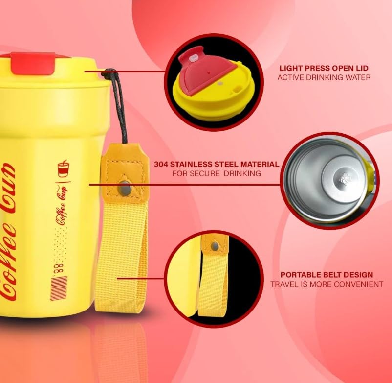 Travel Mug 380 ml, 304 Stainless Steel Vacuum Insulated Coffee Cup with Leak-Proof Lid, Reusable Tumbler for Hot and Cold Drinks, Office, Car, Travel and Outdoor, Yellow - image 5