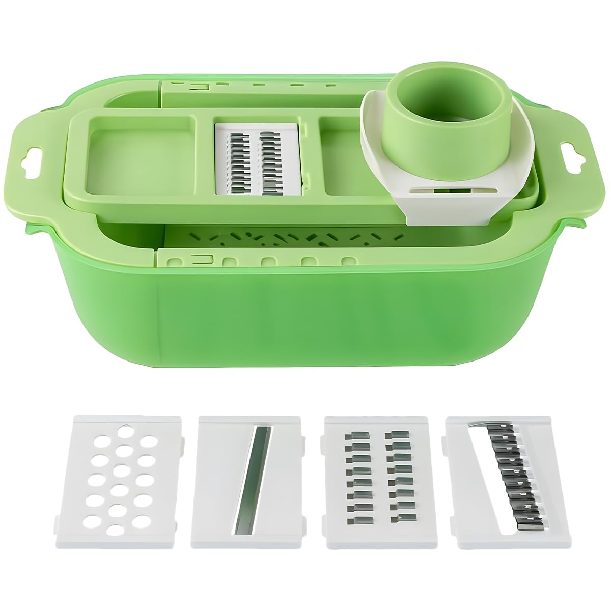 Vegetable Slicer with Drain Basket and Storage Container, Stainless Steel Blades, Kitchen Strainer Bowl with Handle for Fruits and Vegetables - image 1