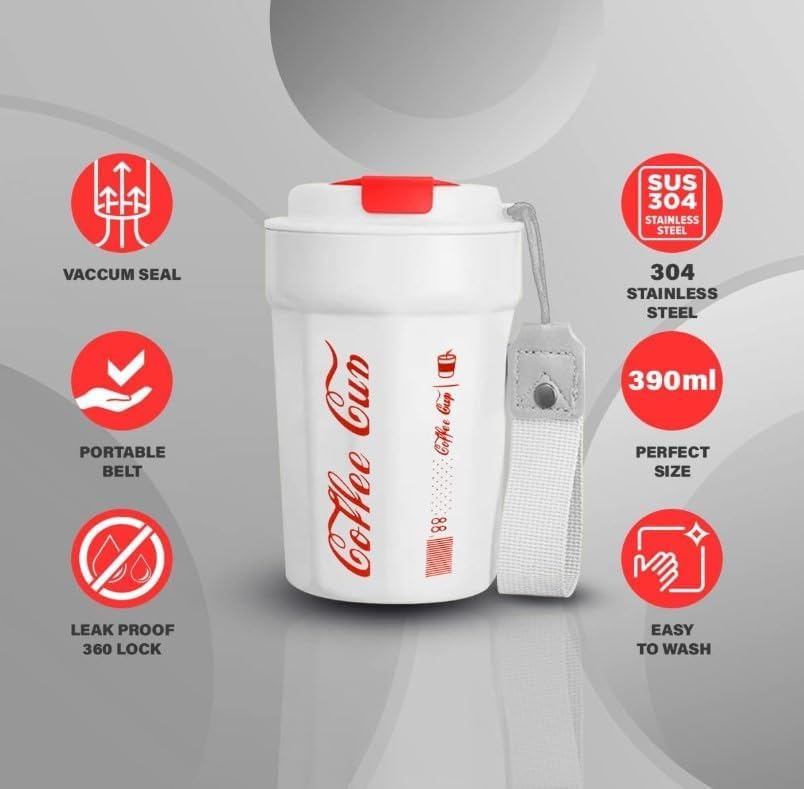Travel Mug 380 ml, Vacuum Insulated Stainless Steel Coffee Cup with Double-Wall Design and Leakproof Lid for Hot and Cold Drinks, Office, Car and Travel, (White) - image 2