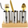 Cutlery Holder, Stainless Steel Utensil Organizer with Bamboo Base, Flatware Caddy for Forks, Knives and Spoons, Kitchen Counter and Dining Table - image 1