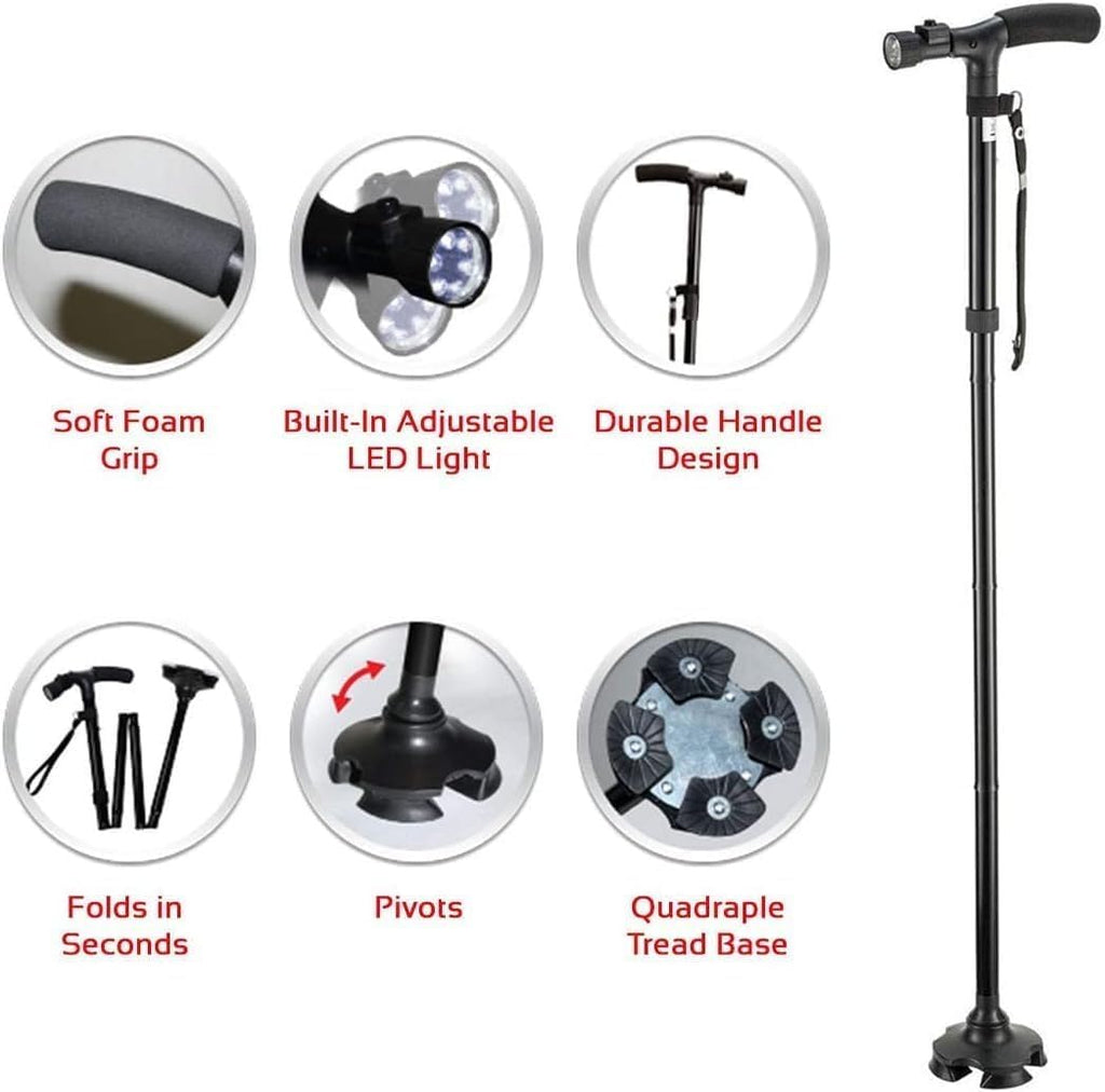 Walking Cane Adjustable Folding with LED Light, Quad Base Pivot, Ergonomic Rubber Handle, Portable Sturdy Support Stick for Seniors Men Women Hiking - image 2