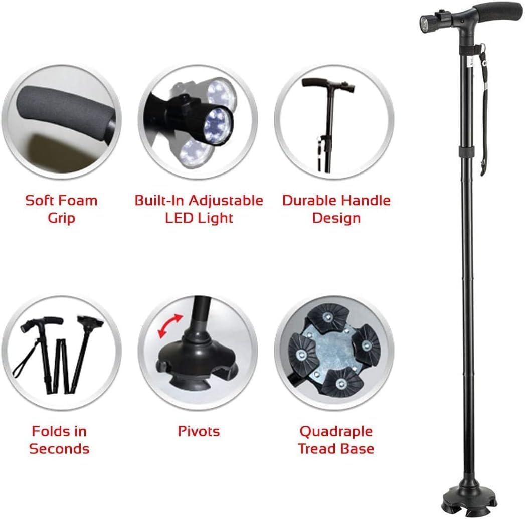 Walking Cane Adjustable Folding with LED Light, Quad Base Pivot, Ergonomic Rubber Handle, Portable Sturdy Support Stick for Seniors Men Women Hiking - image 2