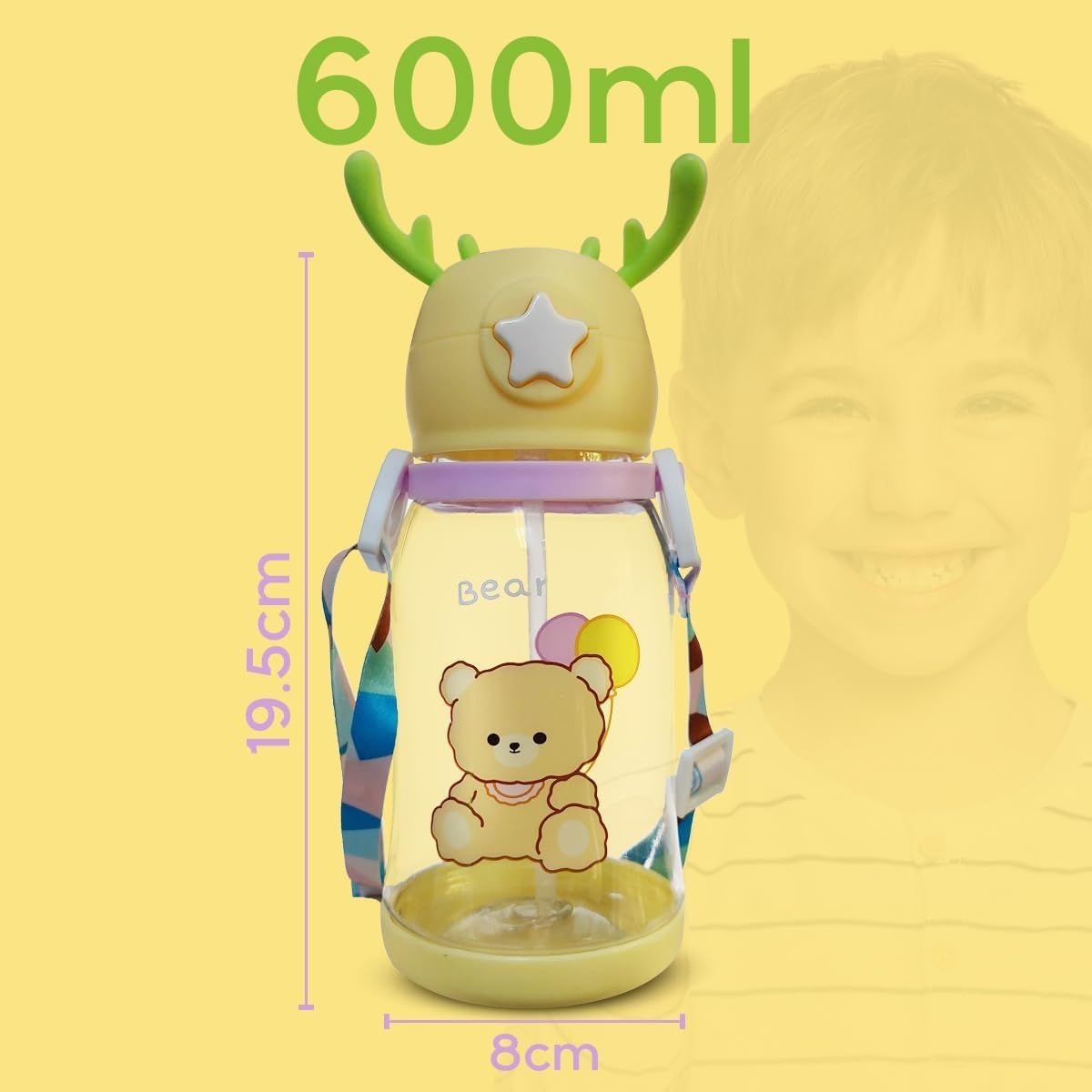 Water Bottle With Straw And Strap 600 ml Leak Proof Bpa Free Plastic Drinking Cup For School Sports Travel Durable Reusable Design (Yellow) - image 5