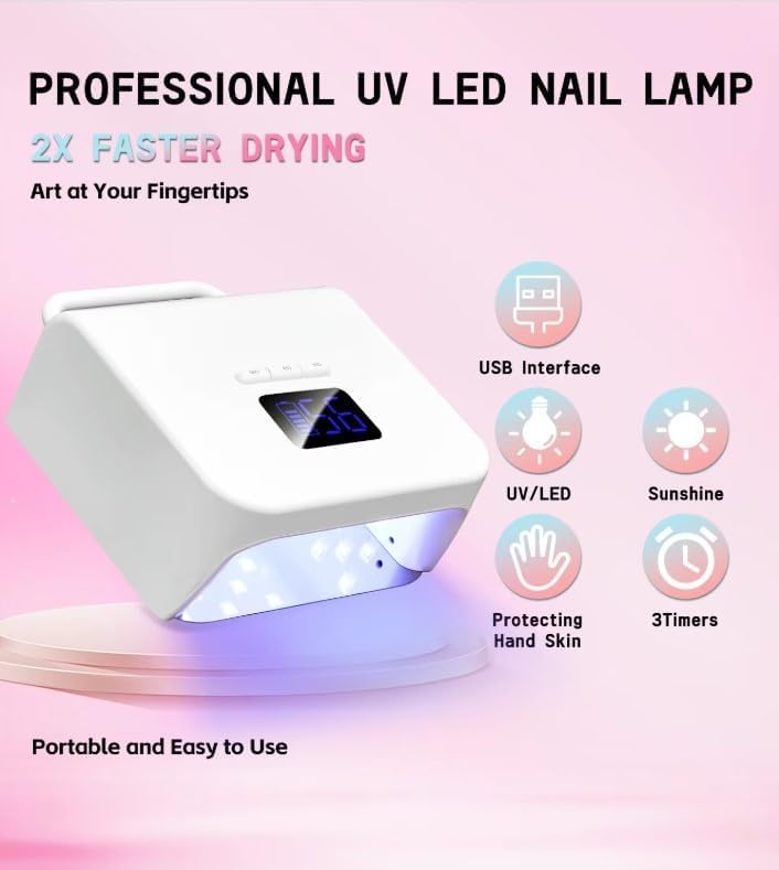 UV Nail Lamp 220W Cordless LED Dryer 48 LEDs Digital Display for Gel Polish Manicure Pedicure Rechargeable Portable Salon BY-10 White - image 2