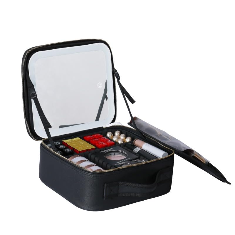 Makeup bag organizer Travel Makeup Case with LED Mirror, Travel Cosmetic Case with 3 Light Modes, Adjustable Dividers, Waterproof Organizer Box with Brush Slots for Women and Girls, X-595 (Black) - image 7