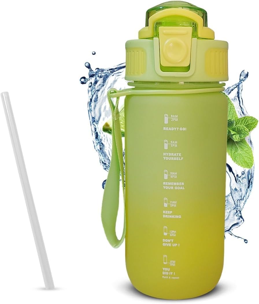 Water Bottle 550ml with Straw and Carry Handle, Leakproof BPA-Free Reusable Sports Bottle, Dishwasher Safe for Gym, School, Travel, Home and Office (Yellow) - image 1
