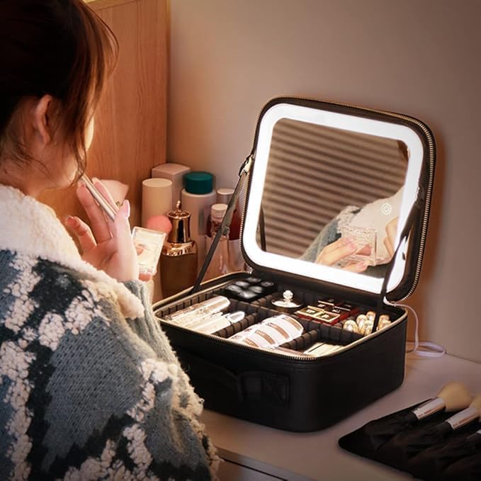 Makeup bag organizer Travel Makeup Case with LED Mirror, Travel Cosmetic Case with 3 Light Modes, Adjustable Dividers, Waterproof Organizer Box with Brush Slots for Women and Girls, X-595 (Black) - image 4