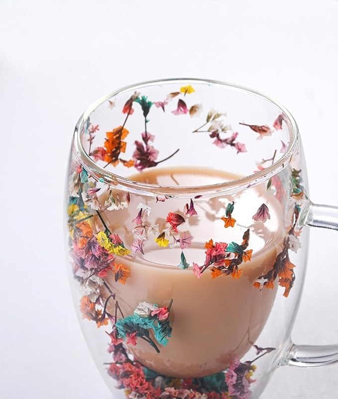 Coffee Mug 350ml, Double Wall Borosilicate Glass Cup with Handle and Dried Flower Decoration for Tea, Cappuccino, Espresso, Juice, Hot and Cold Drinks, Home and Office - image 8