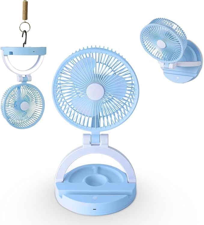 Mini Fan Rechargeable USB, Portable Folding Desk Fan with LED Light, 3 Speeds, Strong Wind, Quiet Personal Table Fan for Home, Office, Travel and Camping (Blue) - image 1