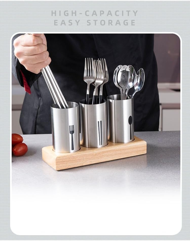 Cutlery Holder, Stainless Steel Utensil Organizer with Bamboo Base, Flatware Caddy for Forks, Knives and Spoons, Kitchen Counter and Dining Table - image 2