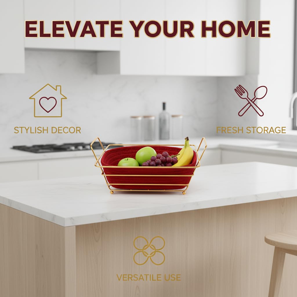 Bread Basket Metal Gold Wire Serving Basket with Removable Fabric Liner, Kitchen Countertop Organizer for Bread Fruit Vegetables Snacks (Red) - image 2