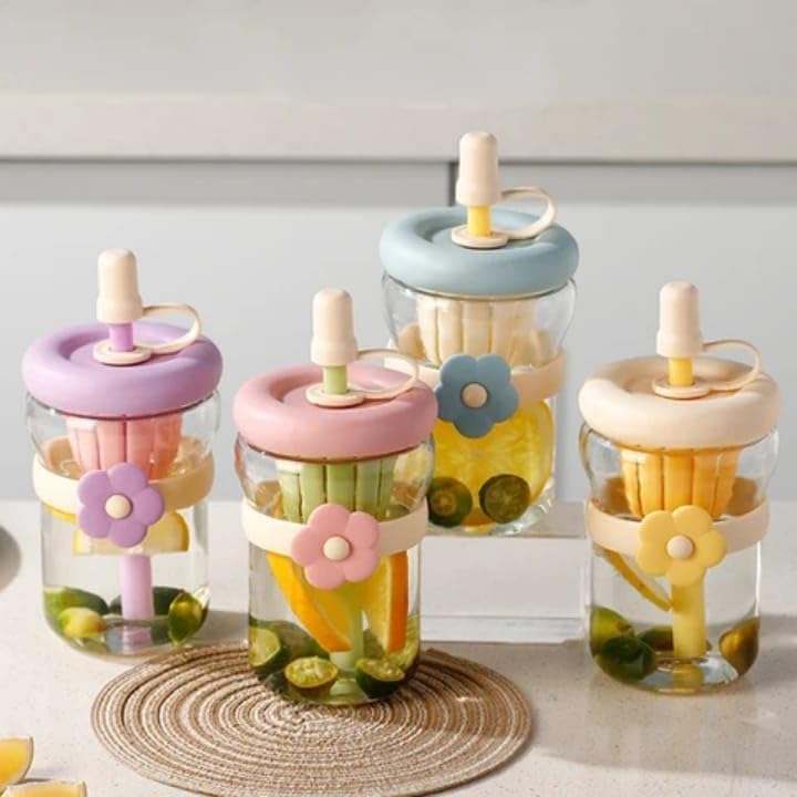 Glass Cup with Straw 500ml, Reusable Drinking Tumbler with Secure Lid, Built-In Strainer and Flower Design for Water, Juice and Milk, GG-2521 (Yellow) - image 4