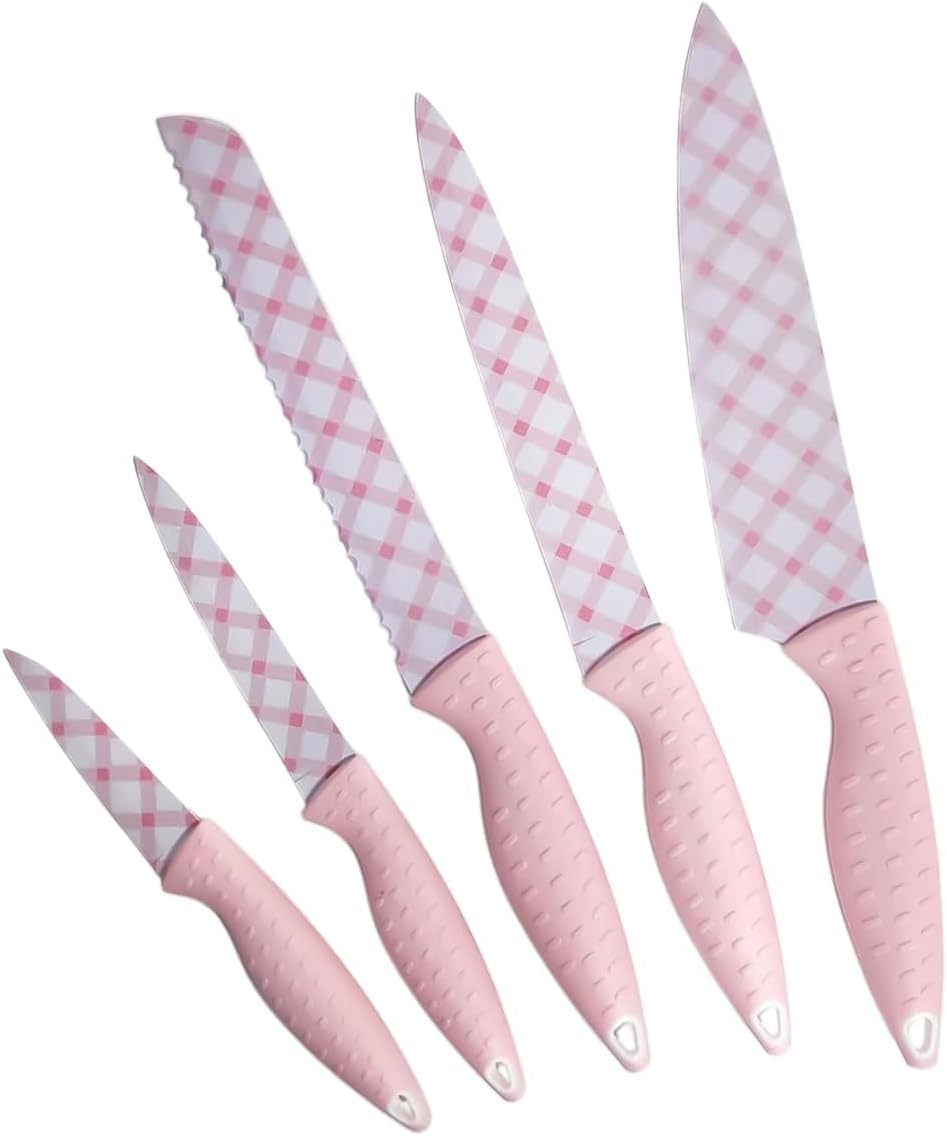 Kitchen Knife Set 5 Pcs, Stainless Steel Blades with Ergonomic Plastic Handles, Chef Knives for Slicing, Chopping, Dicing and Everyday Food Preparation, Pink - image 1