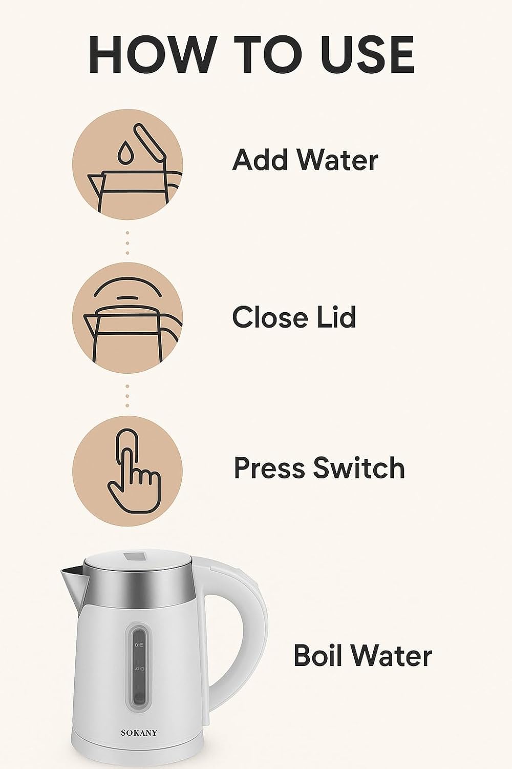 Electric Kettle Stainless Steel 1L, 1200W Fast Boiling Water Boiler with Auto Power-Off, 360° Swivel Base, Indicator Lamp, SK-0808, Sokany (White) - image 4