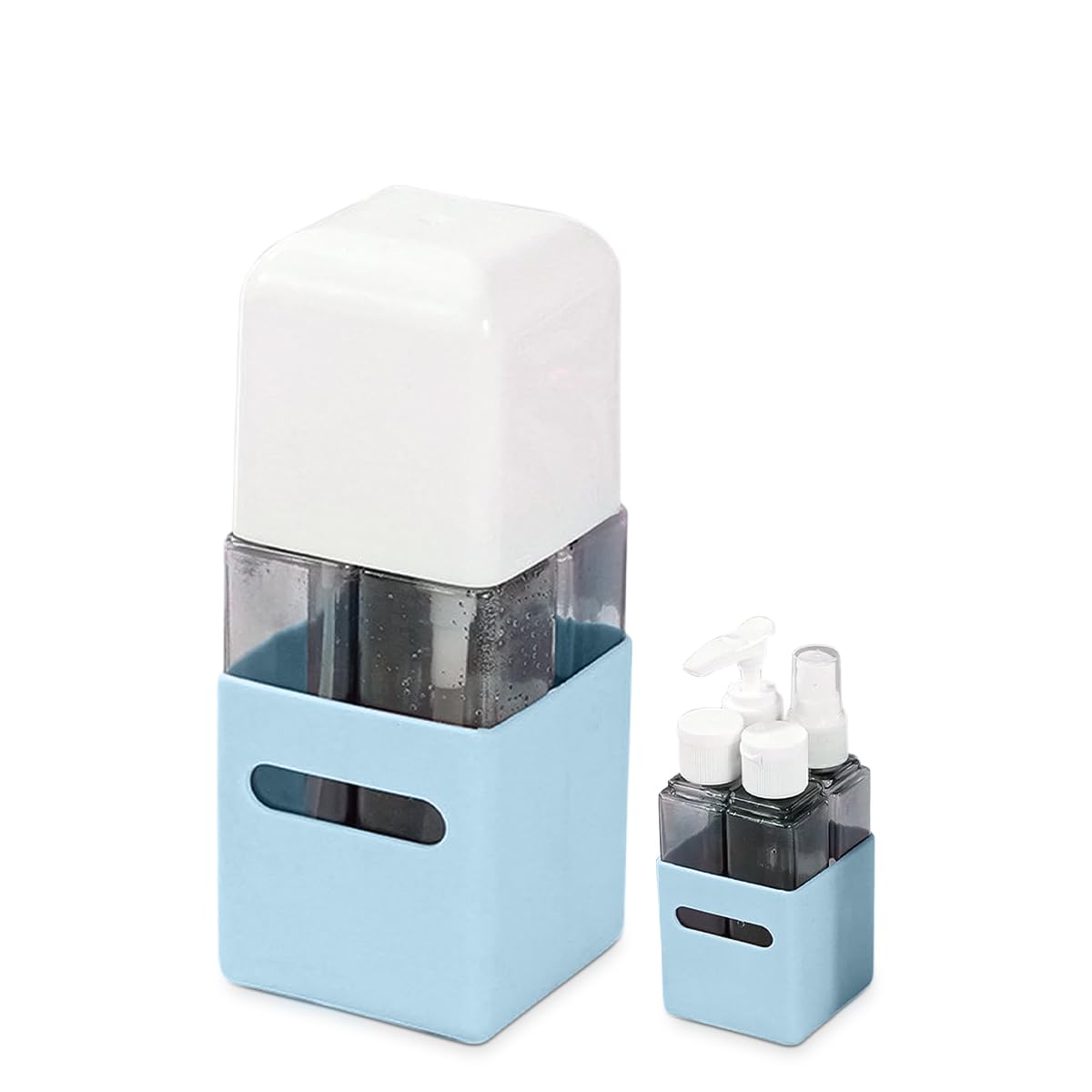 Travel Bottles 4 in 1, Refillable Toiletry Dispenser with Portable Pump and Leak-Resistant Containers for Shampoo, Conditioner, Body Wash, Lotion and Sunscreen, BPA-Free, Blue - image 1