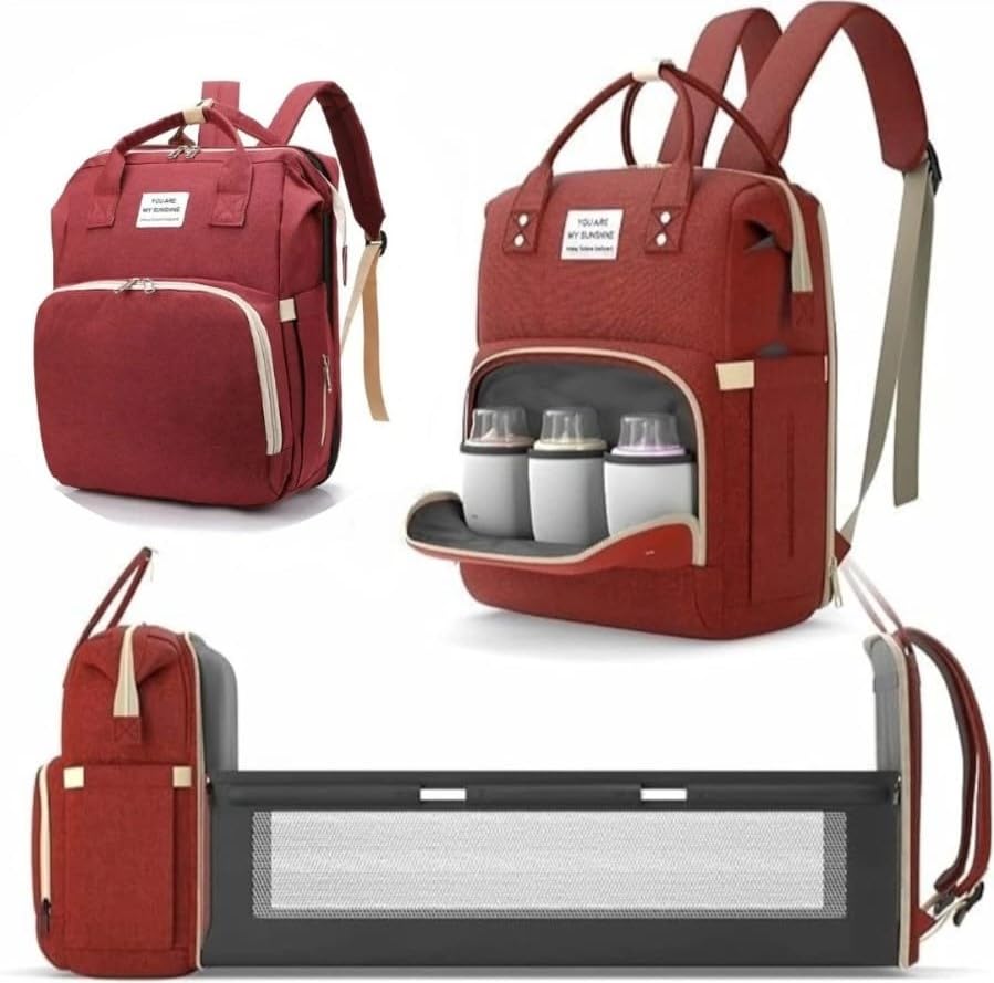 Diaper Bag Backpack with Foldable Baby Bed, Large Capacity Maternity Bag, Waterproof, Insulated Pockets, Changing Pad, Stroller Hooks (Red) - image 1