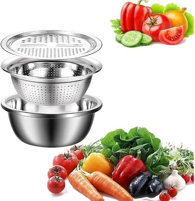 Stainless Steel Mixing Bowl 26cm with Strainer and Grater, 3-in-1 Colander Set for Washing Rice, Draining Pasta, Grating Cheese, Vegetables and Kitchen Prep - image 1