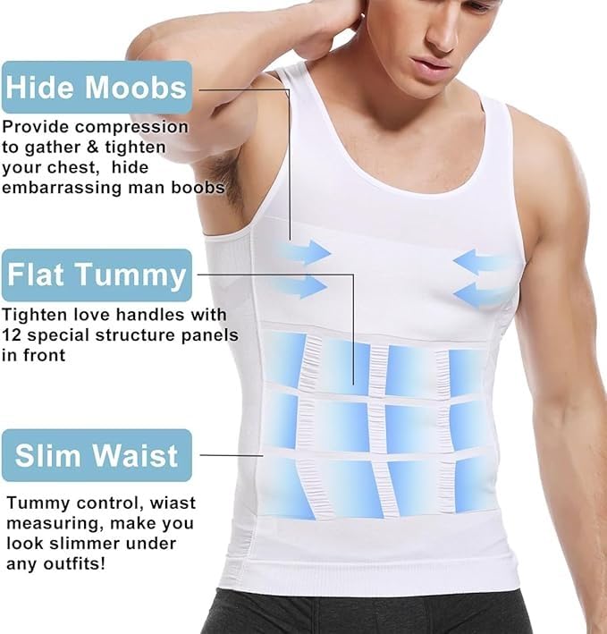 Slim Shirt For Men, Compression Undershirt Body Shaper, Tummy Control Vest, Lightweight Breathable, Seamless Invisible Under Clothes, Workout & Daily Wear (1, White, S) - image 5