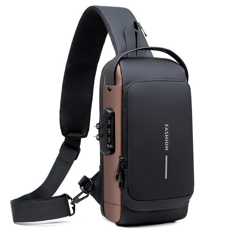 Crossbody Sling Backpack Anti-Theft with USB Charging Port and Password Lock, Waterproof Chest Shoulder Waist Bag for Men Women, Travel Gym (Black Brown) - image 1