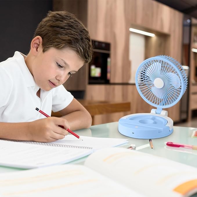 Mini Fan Rechargeable USB, Portable Folding Desk Fan with LED Light, 3 Speeds, Strong Wind, Quiet Personal Table Fan for Home, Office, Travel and Camping (Blue) - image 7