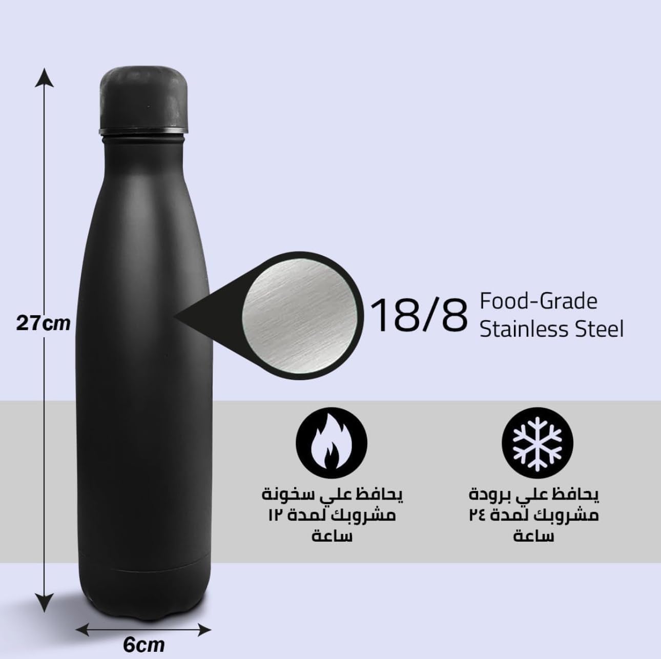 Stainless Steel Water Bottle 500ml, Double-Wall Vacuum Insulated 18/8 Flask with Leak-Resistant Lid, BPA-Free Travel Bottle for Hot and Cold Drinks, Black - image 3