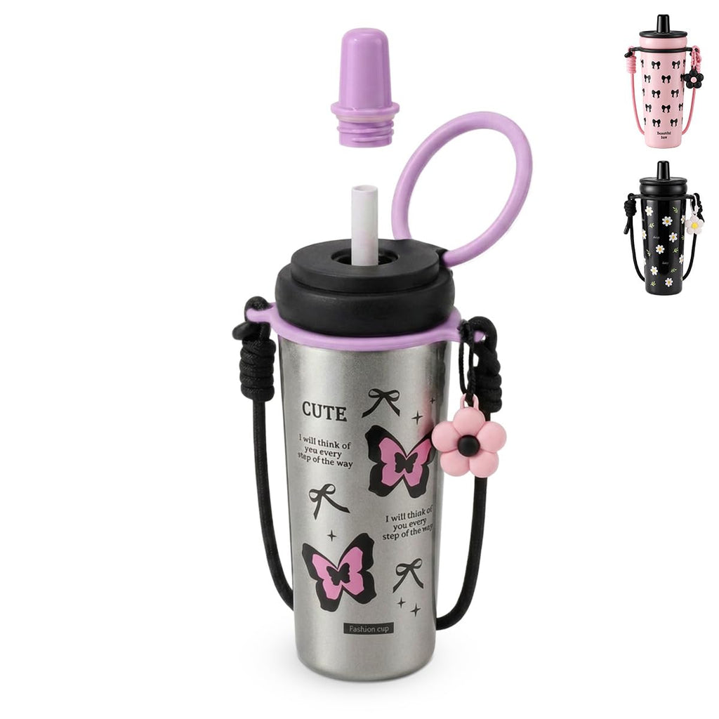 Travel Mug 720ml with Straw Lid and Handle, Stainless Steel Vacuum Insulated Tumbler with Shoulder Strap, Removable Filter and Leakproof BPA-Free Lid, F-1547 (Grey) - image 1