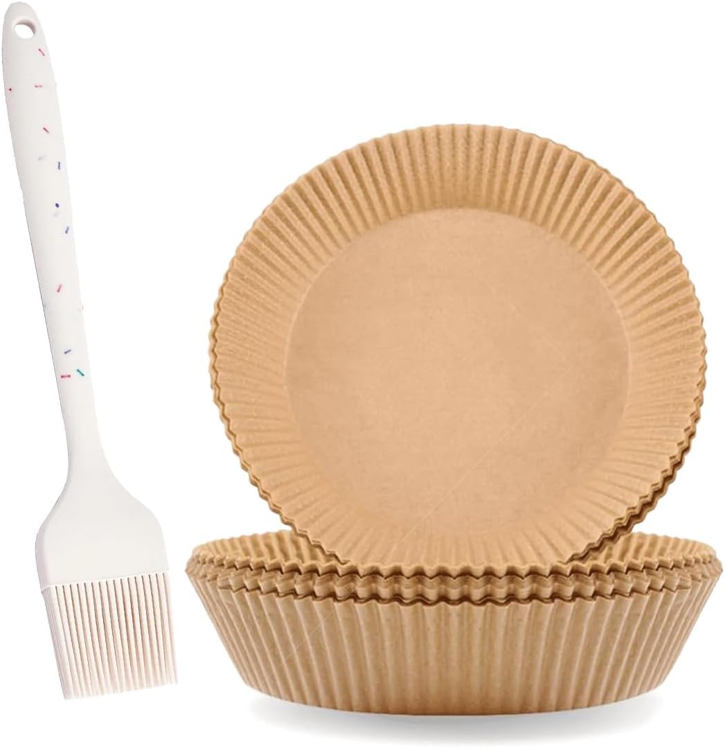 Air Fryer Paper Liners 100 Pieces, Disposable Non-Stick Parchment Sheets, Greaseproof Water-Resistant Basket Inserts for Baking, Roasting and Microwave, with Silicone Basting Brush - image 1