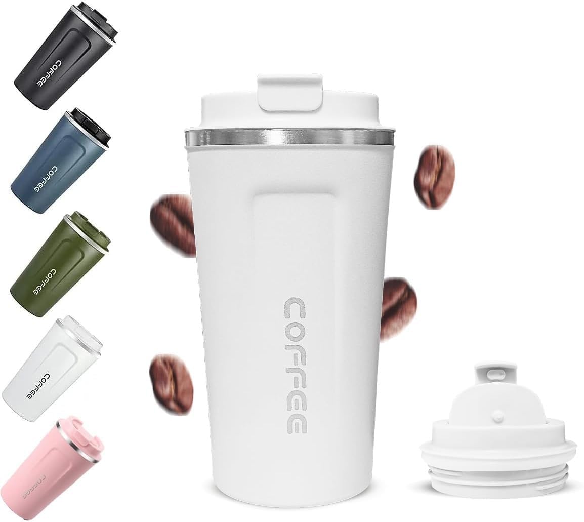 Coffee Cup - Thermal Travel Mug 510 ml, Stainless Steel Vacuum Insulated Double Wall, Leak Proof with Non-Slip Base, BPA-Free, for Hot and Cold Drinks (White) - image 1