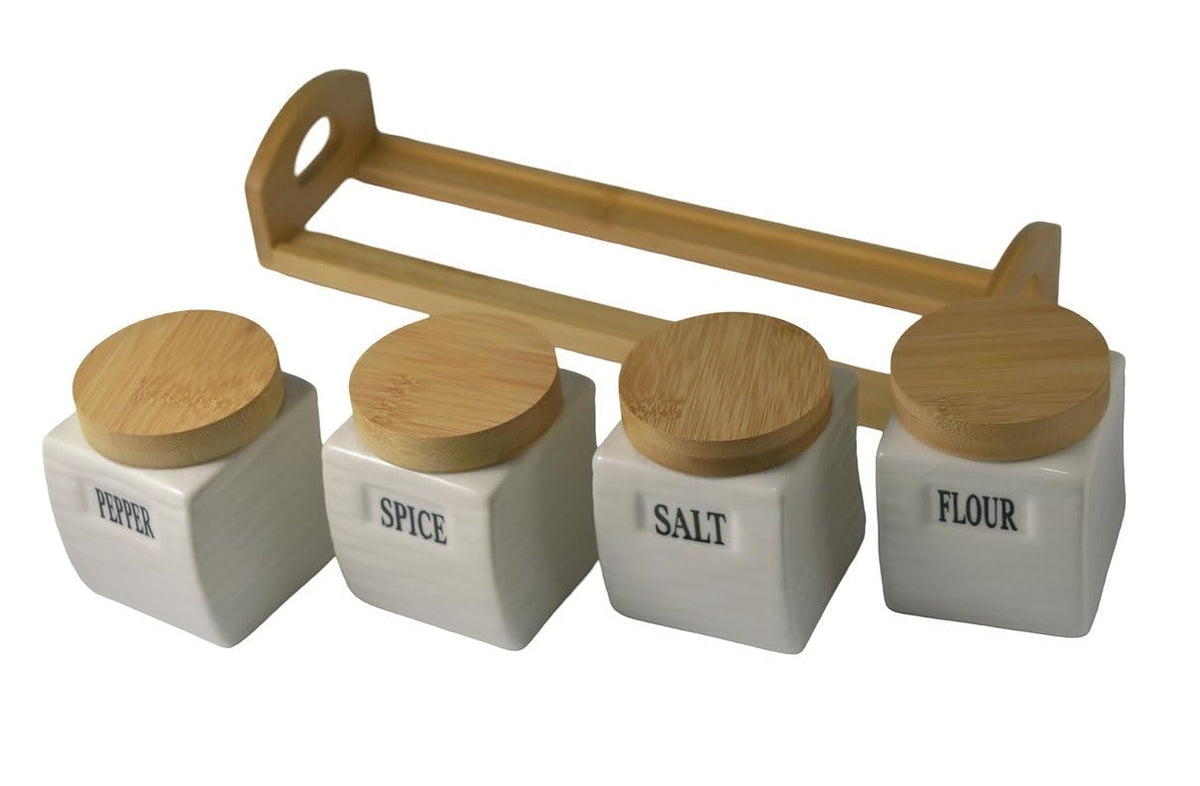 Ceramic Canister Set, 4-Piece Kitchen Storage Jars with Bamboo Lids and Base, White Containers for Sugar, Coffee, Tea, Spices and Dry Food - image 6