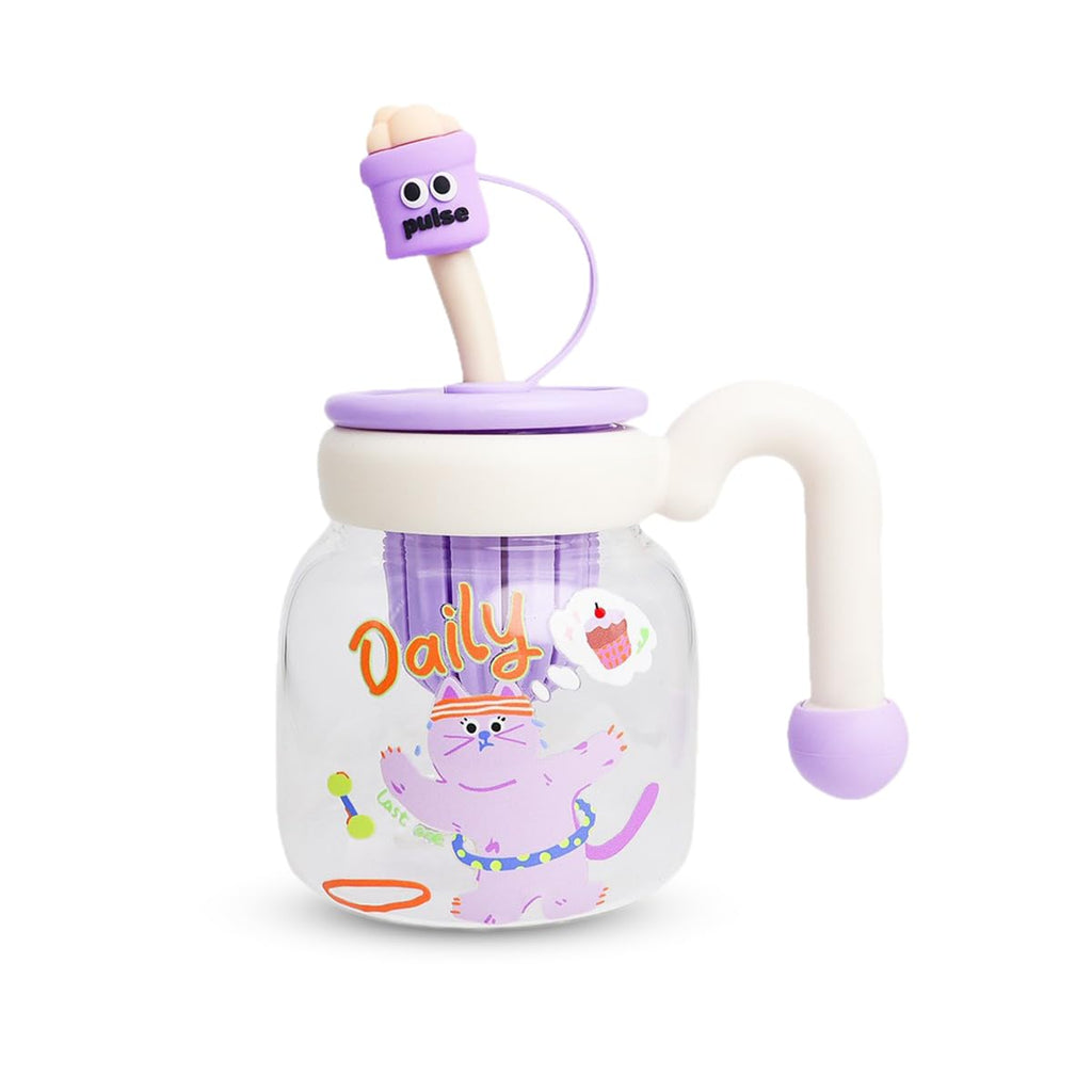 Glass Water Bottle with Straw & Handle, 860ml Strainer Cup, Leak-Proof Reusable Drink Bottle with Easy-Grip Lid for Juice Milk Tea, for Indoor and Outdoor Use, GG-2533 (Creamy, Purple) - image 1