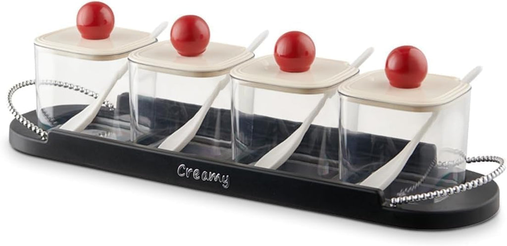 Spice Jar Set 4 Piece with Tray, Clear Plastic Seasoning Containers with Lids and Spoons for Kitchen Countertop Storage and Organization - image 1