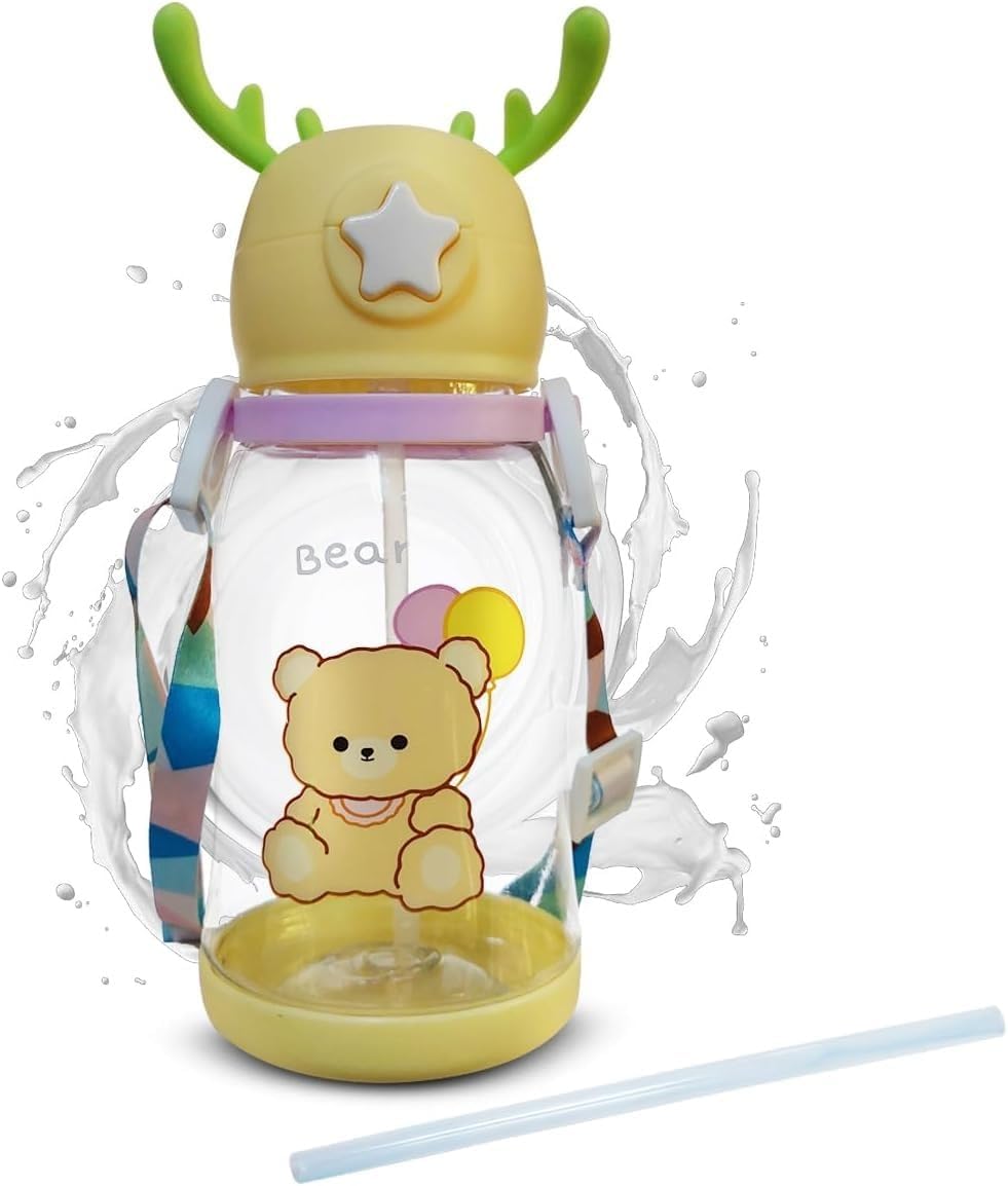 Water Bottle With Straw And Strap 600 ml Leak Proof Bpa Free Plastic Drinking Cup For School Sports Travel Durable Reusable Design (Yellow) - image 1