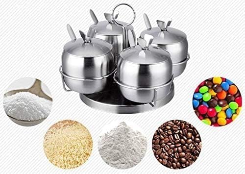 Spice Jar Set 4 Pieces with Holder and Spoons, Round Stainless Steel Kitchen Containers for Sugar, Salt, Pepper, Tea and Seasonings, Dishwasher Safe, Silver - image 3