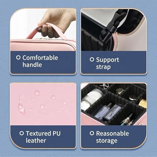 Makeup Bag with LED Mirror, Travel Cosmetic Case with 3 Light Modes, Adjustable Dividers, Brush Slots and Water-Resistant Organizer for Women and Girls, X-494 (Pink) - image 5