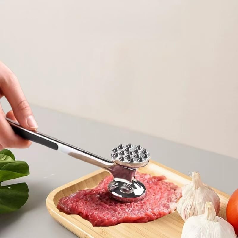 Meat Tenderizer, Stainless Steel Double-Sided Meat Hammer, Lightweight Manual Mallet and Nut Crusher for Steak, Beef, Chicken, Poultry and Cutlets, 21 cm (Black and Silver) - image 6